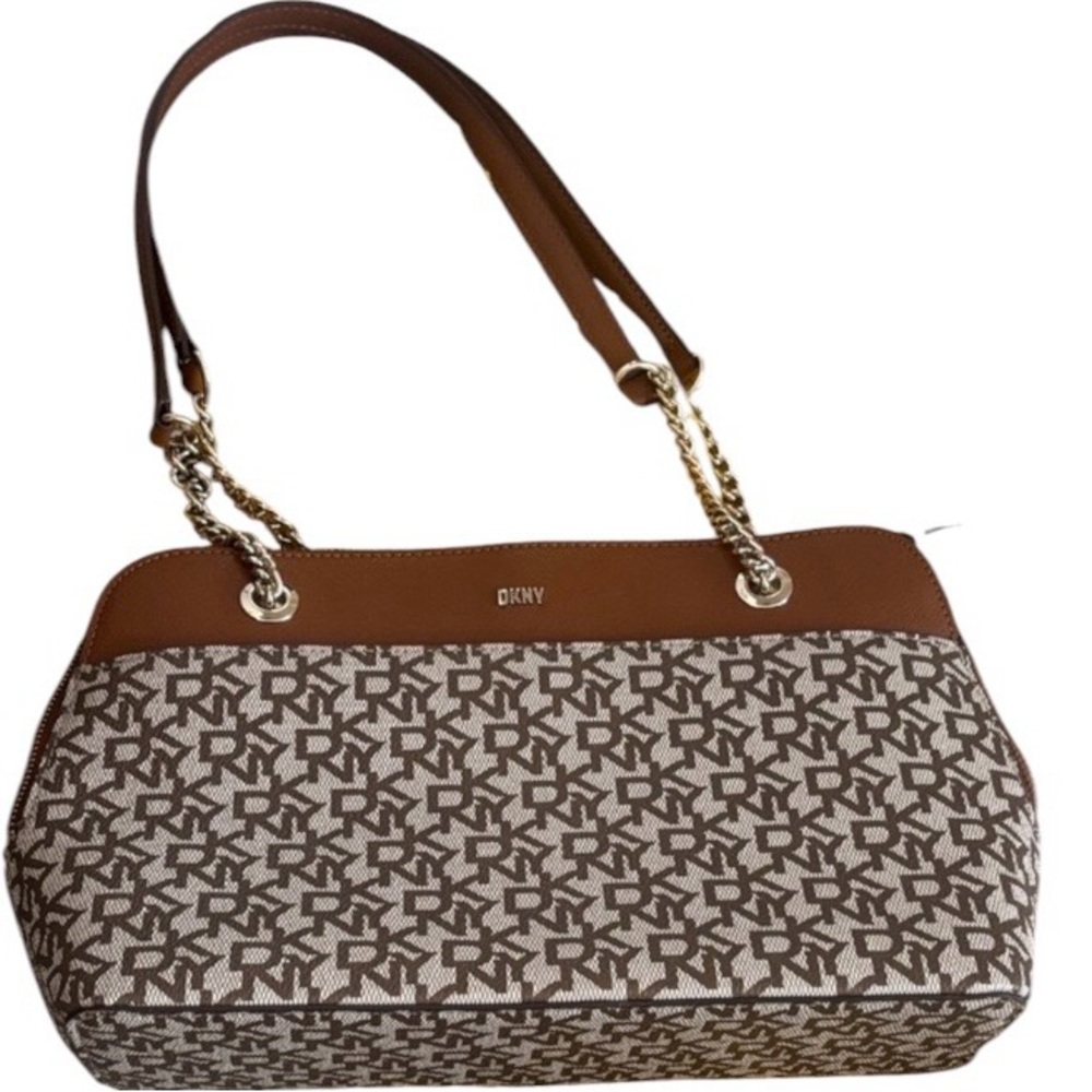 DKNY Brown Monogram Shoulder Tote with Gold Chain Straps